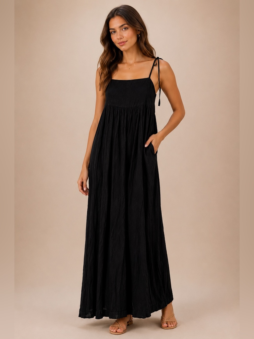 Old Navy Black Tie-Shoulder Maxi Dress with Square Neck